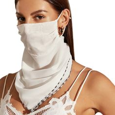 New Sheer White With Contrast Trim Face Mask For Adults. These Masks Are Designed For Personal Use, And Are Not Medical Grade. Individually Packaged And Factory Sealed Great For Protection From The Sun Also Great To Wear Over Surgical Face Masks Sheer Lightweight And Breathable 100% Chiffon Adjustable Toggles On Ear Straps For A Better Fit Can Also Be Used As A Neck Scarf Scarf Face Mask, Veil Styles, White Face Mask, Face Mask Tutorial, Mask Fashion, Face Mask Fashion, Fashion Mask, Mascara Facial, Mouth Mask