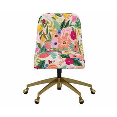 a colorful office chair with wheels and flowers on the back, against a white background