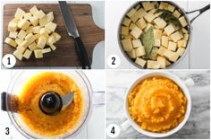 four pictures showing how to make mashed potatoes