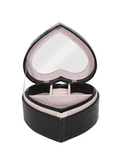 We have a special place in our hearts for our fabulous Emerson Mini Heart Jewellery Box! She’s covered in an elegant, black faux croc-skin material, with a pastel pink PU leather inner. Little compartments are perfect for keeping your jewellery separated and organized, and she features a handy large, heart-shaped mirror in her lid. Check out our huge range of lovely accessories, that’ll be sure to make the Emerson Mini Heart Jewellery Box their new home! Measurements(approx.): Length 12 cm, Widt Heart Jewelry Box, Heart Jewellery, Mini Heart, Black Heart, Small Boxes, Heart Jewelry, Pastel Pink, Heart Shapes, Pu Leather