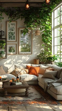 a living room filled with lots of furniture and plants on the wall above it's windows