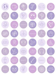 a bunch of different types of icons on a white background with purple and lavender hues