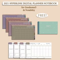 the printable planner notebook is shown in three different colors and sizes, including one for each