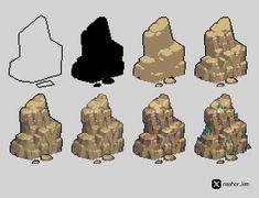 some rocks and boulders are shown in this pixel art style video game design, video games,