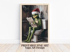 the grinch is sitting on the toilet reading a newspaper