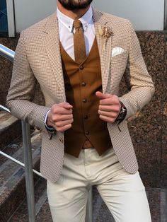 Slim-Fit Plaid Suit Vest Camel-baagr.myshopify.com-suit-BOJONI Sports Jacket Outfit, Costume Beige, Suits Groom, Suit Clothes, Suit Outfit, Mens Suit Vest, Summer 19, Designer Suits For Men