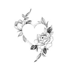 a heart shaped tattoo with flowers and leaves on the side, in black and white