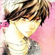 an anime character with black hair and blue eyes wearing a plaid shirt, standing in front of a pink background