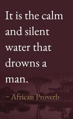 an african prove that reads it is the calm and silent water that drowns a man