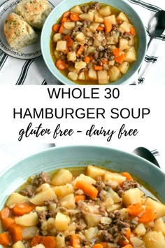 two bowls filled with hamburger soup on top of a white tablecloth and the words whole 30