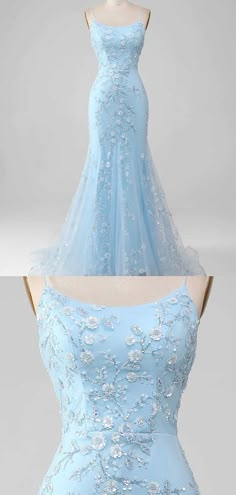 Ariel Blue Sparkle Dress, Prom Dress Fishtail, Mermaid Blue Prom Dress, Light Blue Prom Dress Aesthetic, Fairytale Prom Dresses, Pale Blue Prom Dress, Blue Flower Prom Dress, Blue Prom Dress Aesthetic, Gorgeous Prom Dresses Long