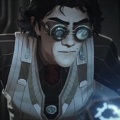 an animated character with goggles on his face