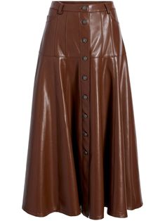 coffee brown panelled design front button fastening belt loops two rounded pockets to the sides high-waisted straight hem mid-length Yoke Skirt, Midi Skirt Brown, Skirt Coverup, Button Up Skirts, Short Denim Skirt, Evening Tops, Denim Outerwear, Tank Top Camisole, Faux Leather Skirt