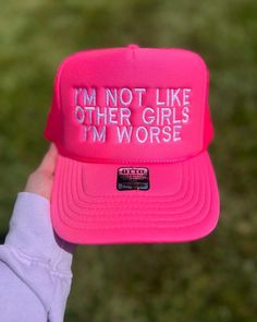 Trucker Hat Stay cool and show off unique style with this I'm Not Like Other Girls I'm Worse Trucker Hat. This made-in-house hat is perfect for spring and summer days, especially for girls' nights out. The statement on the cap will surely turn heads and get conversations going. Be prepared to stand out. BULK ORDERS 6 PCS OR MORE! - PLEASE CONTACT US FOR A DISCOUNT CODE BEFORE ORDERING 6 PIECES= 30% OFF 12 PIECES = 40% OFF 24 PIECES = 50% OFF 48 PIECES = 55% OFF 96+ PIECES = 60% OFF All discounts Spring Novelty Hats With Curved Brim, Novelty Curved Brim Hat For Spring, Spring Novelty Hat With Curved Brim, Pink Hat With Embroidered Logo For Streetwear, Novelty Pink Hat With Letter Print, Pink Novelty Hat With Letter Print, Pink Embroidered Logo Hat For Streetwear, Pink Streetwear Hats With Embroidered Logo, Fun Spring Trucker Hat