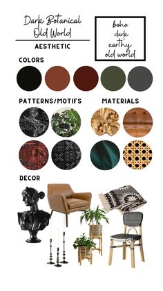 a poster with different types of furniture and decor in black, white, gold and green