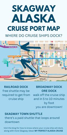 the alaska cruise port map is shown with directions to where it's located and where you