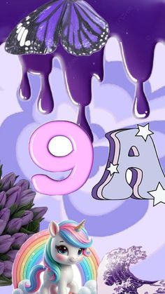 the number nine is next to an image of a unicorn and butterflies on purple background