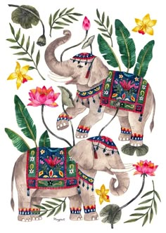 an elephant with flowers and leaves on it's back is depicted in this watercolor painting