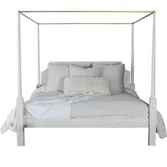 a bed with white linens and pillows on it's headboard, in front of a white background