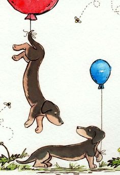 a drawing of two dogs playing with a balloon in the grass and one dog is jumping up