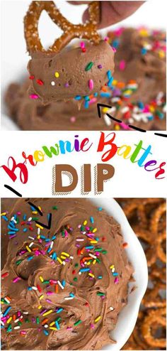 chocolate dip with sprinkles and pretzels in the background text reads brownie bites dip