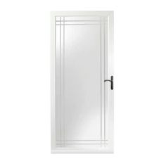 a white door with a mirror on the front and side paneled in black hardware