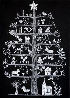 a chalkboard drawing of a christmas tree with ornaments and animals on it's branches