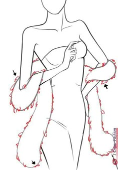 a drawing of a woman with red thread on her arms and legs, in the shape of