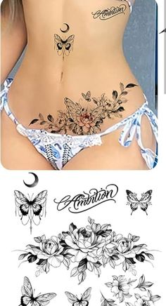 some tattoos that are on the side of a woman's stomach and one with flowers