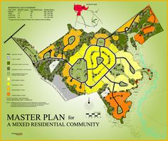 a map of the master plan for a mixed residential community, with areas marked in red and yellow