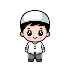 a little boy wearing a white shirt and gray pants with a hat on his head