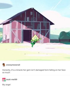 a cartoon character standing in front of a barn