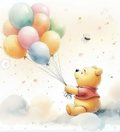 a painting of a winnie the pooh flying with balloons