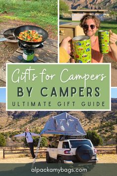 the ultimate camping gift guide for campers by campers, with pictures and text overlay