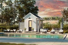 an artist's rendering of a pool house with lounge chairs and a swimming pool