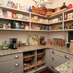 an organized pantry with lots of food in the cupboards and on the countertop