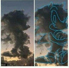 two pictures of sonic the hedgehog in front of some clouds with blue light streaks