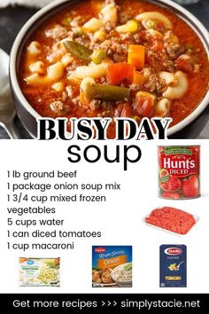 a poster with the words busy day soup on it and an image of a bowl of soup