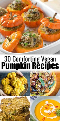 pumpkins and other foods are shown in this collage with the words, 30 comforting vegan pumpkin recipes