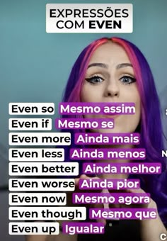 a woman with purple hair is holding her hand up to her face and the words in spanish are above her head