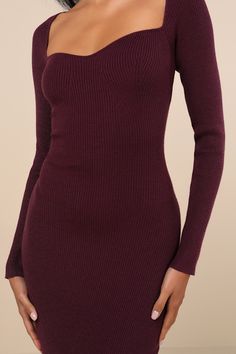 Head-to-Toe CozinessThe stretchy ribbed knit construction of this sweater dress ensures all-day comfort, while a sweetheart neckline and figure-flaunting bodycon silhouette create a flirty essence. Long sleeves and a midi hem complete the look. Fit: This garment fits true to size. Length: Mid-calf length. Size medium measures 43" from shoulder to hem. Bust: Great for any cup size. Waist: Fitted - stretchy fabric allows custom fit. Hip: Fitted - stretchy fabric allows room for hips. Undergarments Wedding Guest Dresses Long, Casual Wedding Guest Dresses, Ribbed Bodycon Midi Dress, Classic Black Dress, Perfect Little Black Dress, Bodycon Midi Dress, Fall Feels, Falling Leaves, Plum Purple