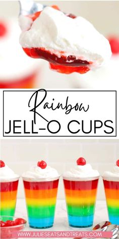 rainbow jello cups with whipped cream and cherries on top