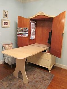 there are pictures of different furniture in this room, including an armoire and desk