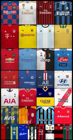 a collage of different soccer jerseys with the names of each team and numbers on them