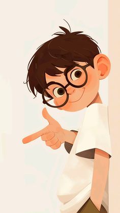 a young boy with glasses pointing at something