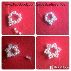 four pictures showing how to make beaded bracelets with white beads and pearls on red background