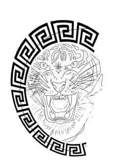 a black and white drawing of a tiger's face