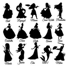 the silhouettes of disney princesses in their different dresses and names for each character