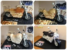 four different pictures of a motorcycle made out of bread and other items on a table