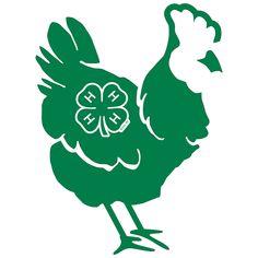 a green rooster with four leaf clovers on it's back legs and feet